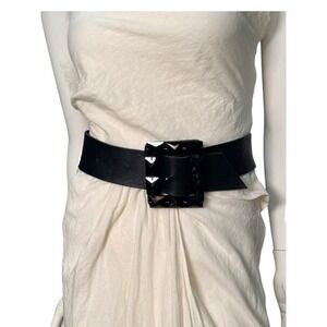 Melamed Statement Belt Black Leather Wide Buckle Studded Crystal Embellished